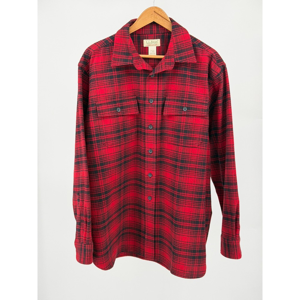 L.L.Bean Chamois Shirt Men L Red Black Plaid Heavyweight Flannel Button Down